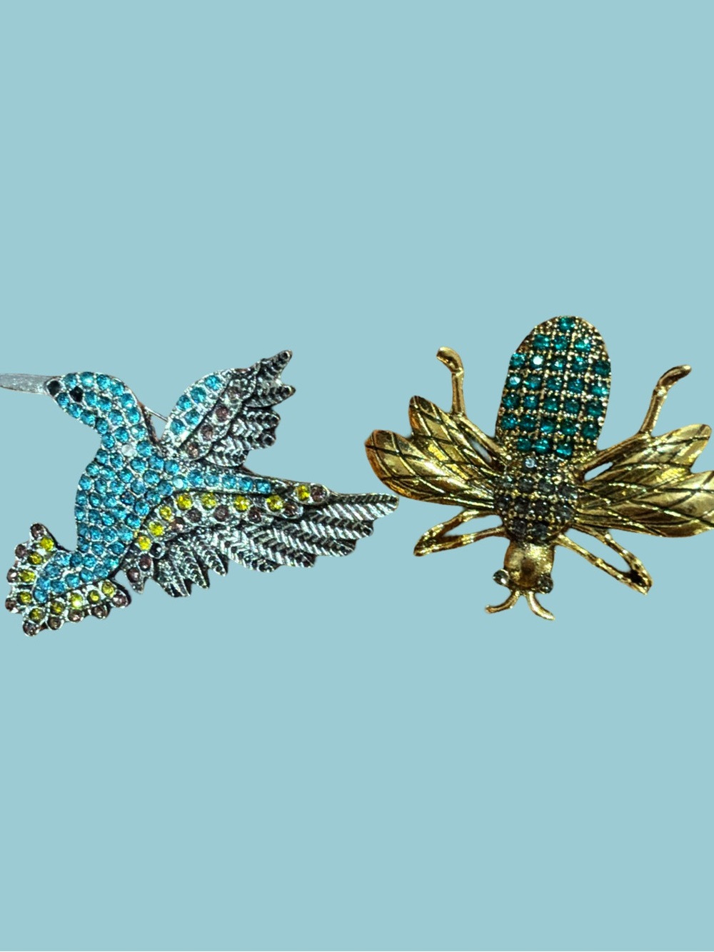 Blue Crystal Bird & Gold Bee Brooch Set - Elegant Pet Bird Inspired Pins